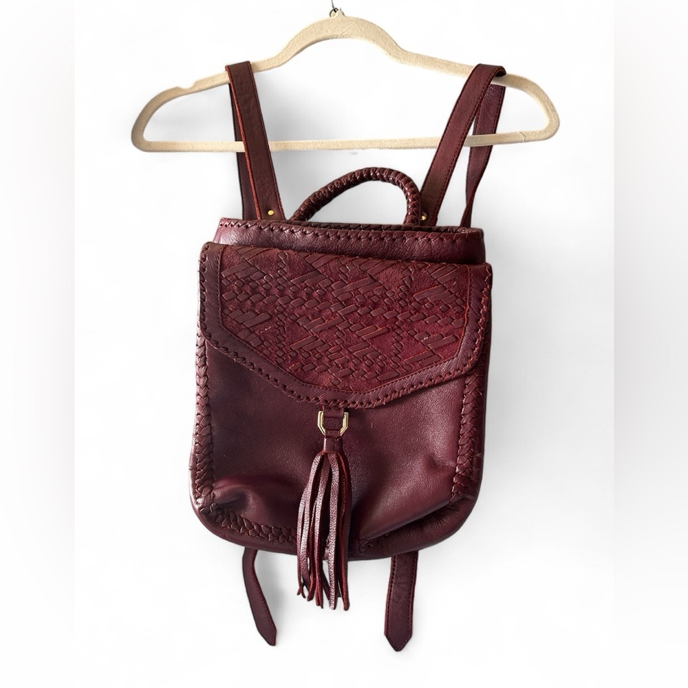 Cleobella by Anthropology leather woven maroon back pack purse w/ gold